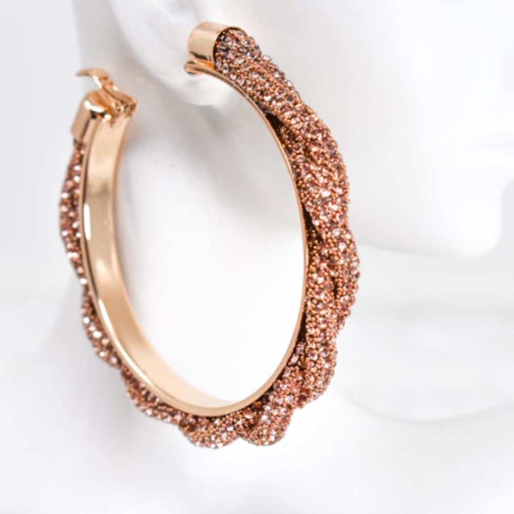 3" Braid Twist Champagne Rhinestone Hoop Earrings - Picture 8 of 12